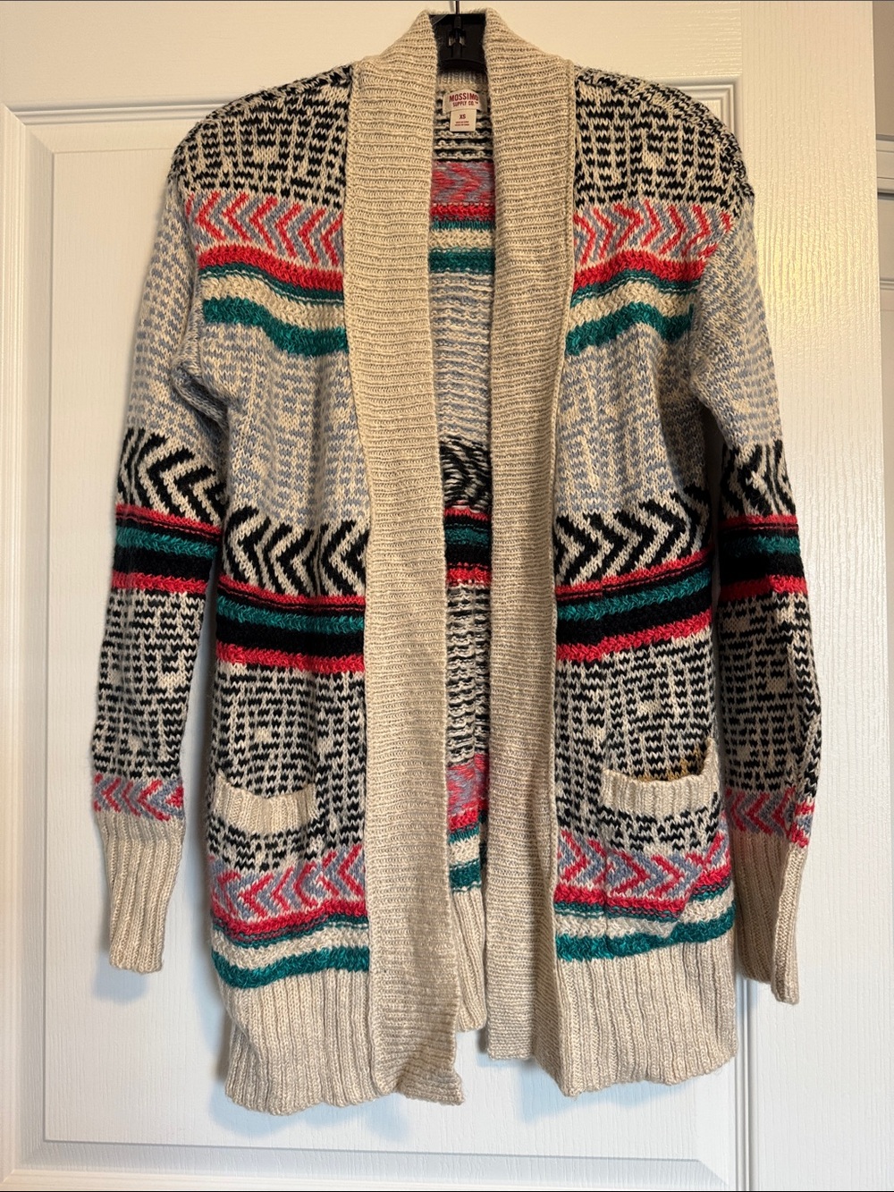Cozy Open-Front Patterned Cardigan Sweater - Cream with Pink & Teal Accents